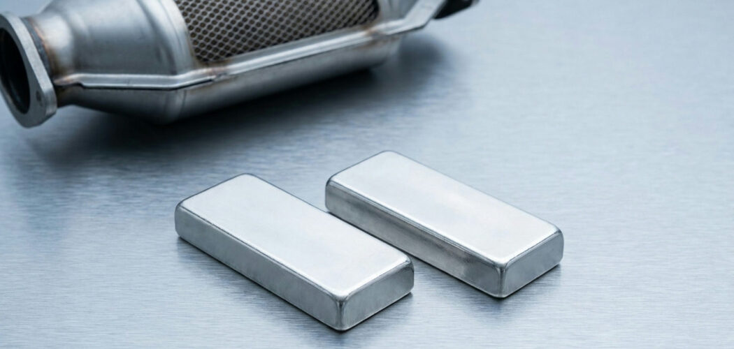 Platinum vs palladium: two silvery-white metal bars with a catalytic converter behind