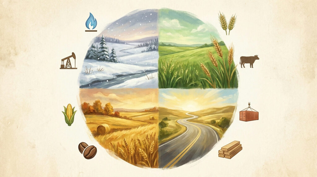 Seasonal patterns in commodities: four-season wheel with commodity icons