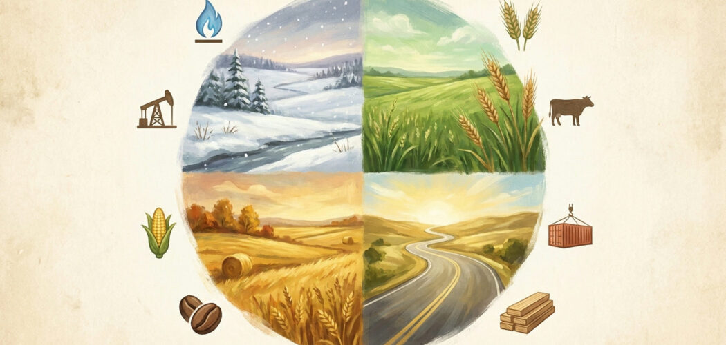 Seasonal patterns in commodities: four-season wheel with commodity icons