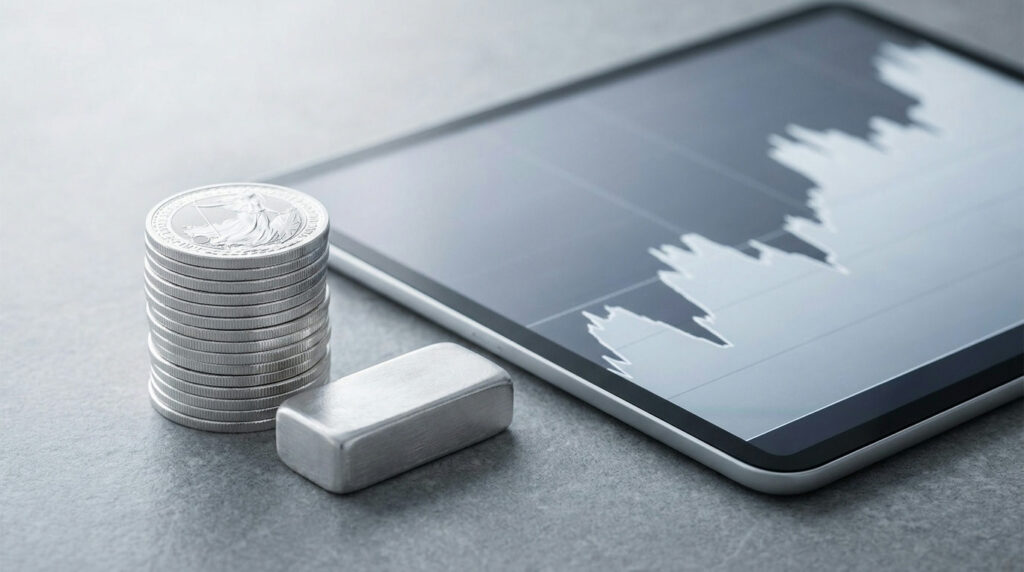 Silver ETF vs physical silver: silver coins and a bar beside a tablet showing a silver price chart