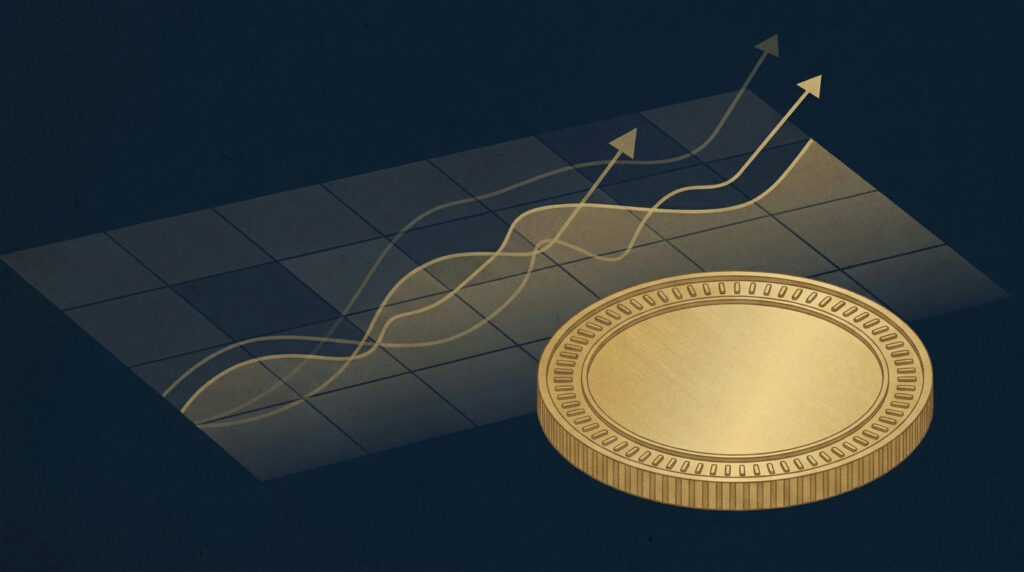 Spot price vs futures price: a gold coin in front of a calendar grid with faint price curves
