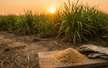 Sugar futures: sugarcane field at sunset with raw sugar crystals in the foreground