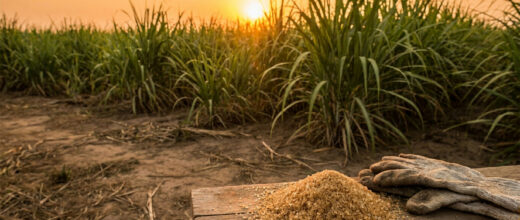 Sugar futures: sugarcane field at sunset with raw sugar crystals in the foreground