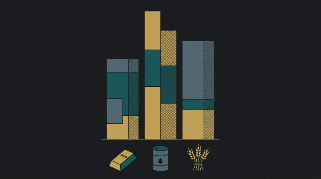 Commitments of Traders report: stacked bar charts with gold, oil and wheat icons