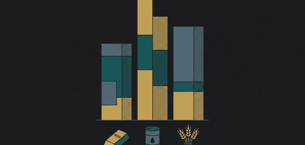Commitments of Traders report: stacked bar charts with gold, oil and wheat icons