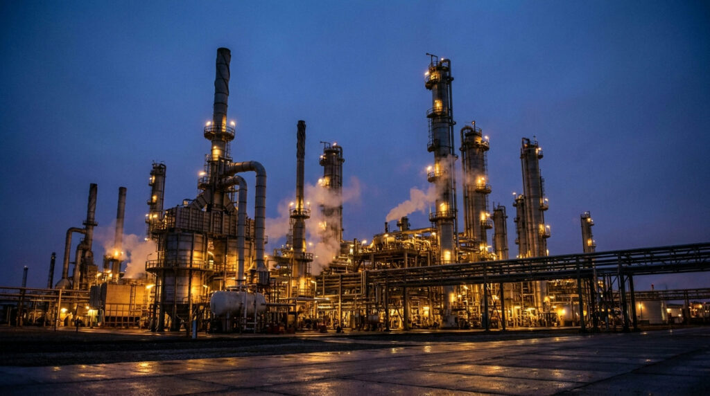 Crack spread: oil refinery distillation towers lit up at dusk