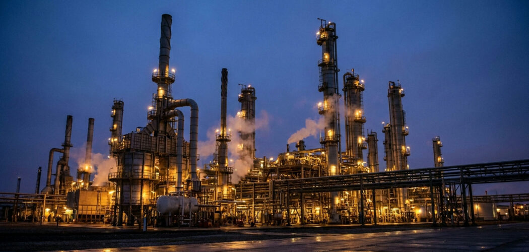 Crack spread: oil refinery distillation towers lit up at dusk