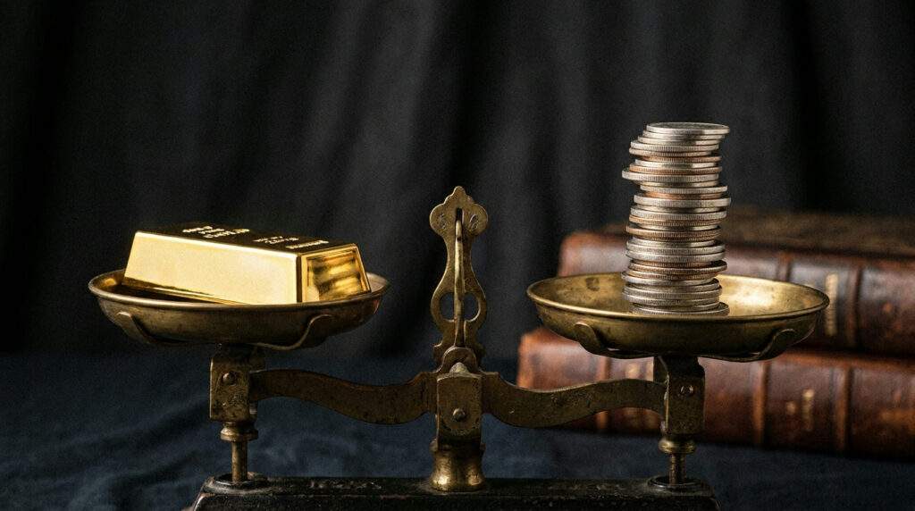 Gold-to-silver ratio: a gold bar balanced on a brass scale against a stack of silver coins