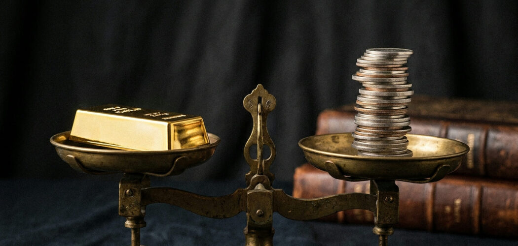 Gold-to-silver ratio: a gold bar balanced on a brass scale against a stack of silver coins