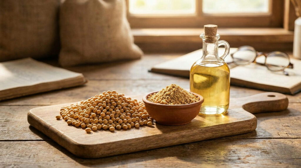 Soybean crush spread: soybeans, soybean meal and a bottle of soybean oil