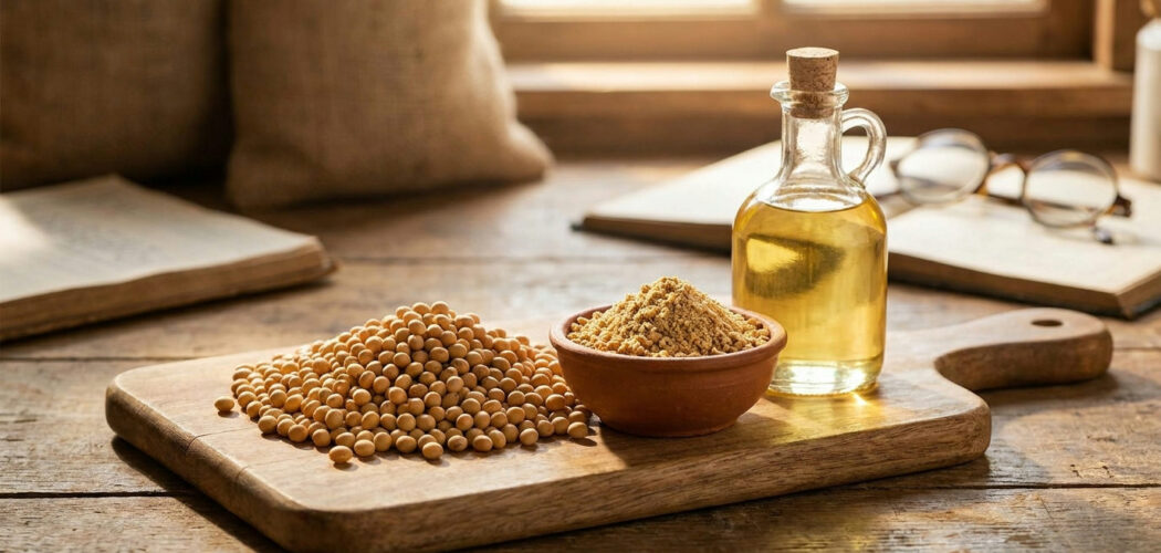 Soybean crush spread: soybeans, soybean meal and a bottle of soybean oil
