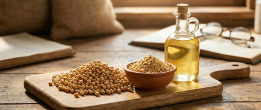 Soybean crush spread: soybeans, soybean meal and a bottle of soybean oil