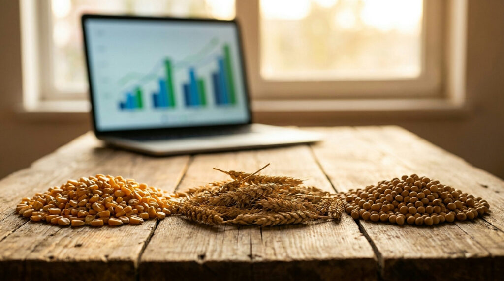 USDA WASDE report: corn, wheat and soybeans on a table beside a laptop with bar charts