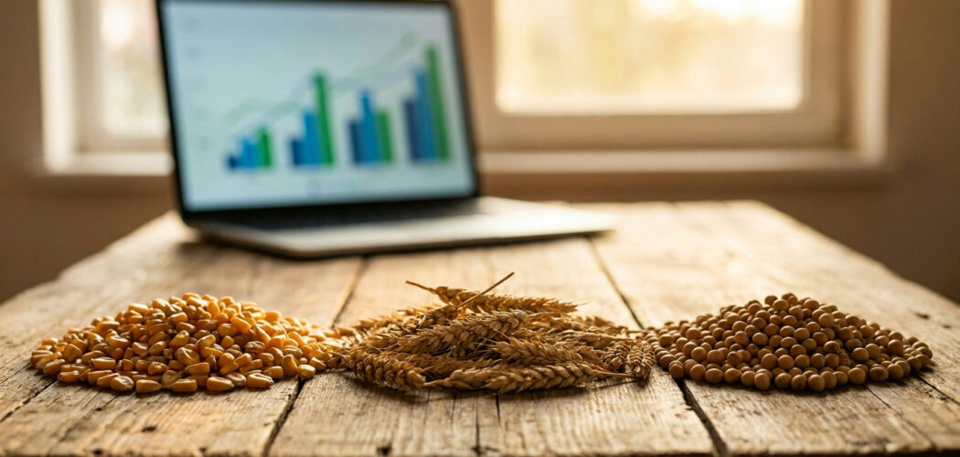 USDA WASDE report: corn, wheat and soybeans on a table beside a laptop with bar charts
