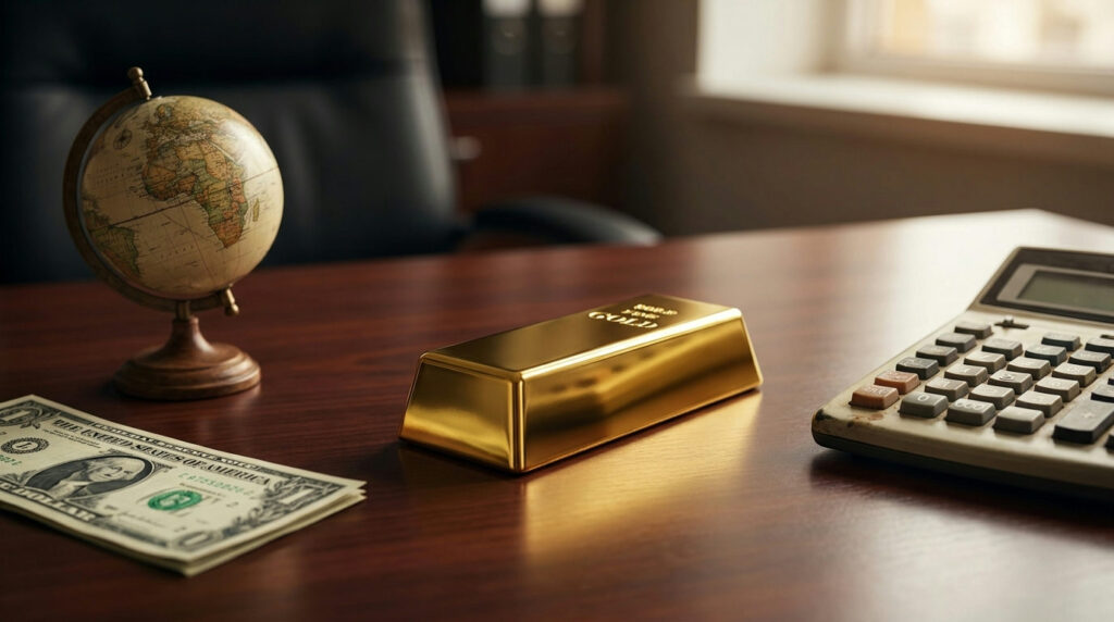 What moves the gold price: gold bar with a globe, dollar note and calculator