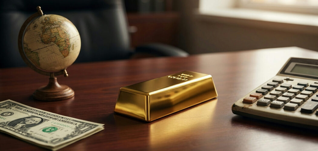What moves the gold price: gold bar with a globe, dollar note and calculator