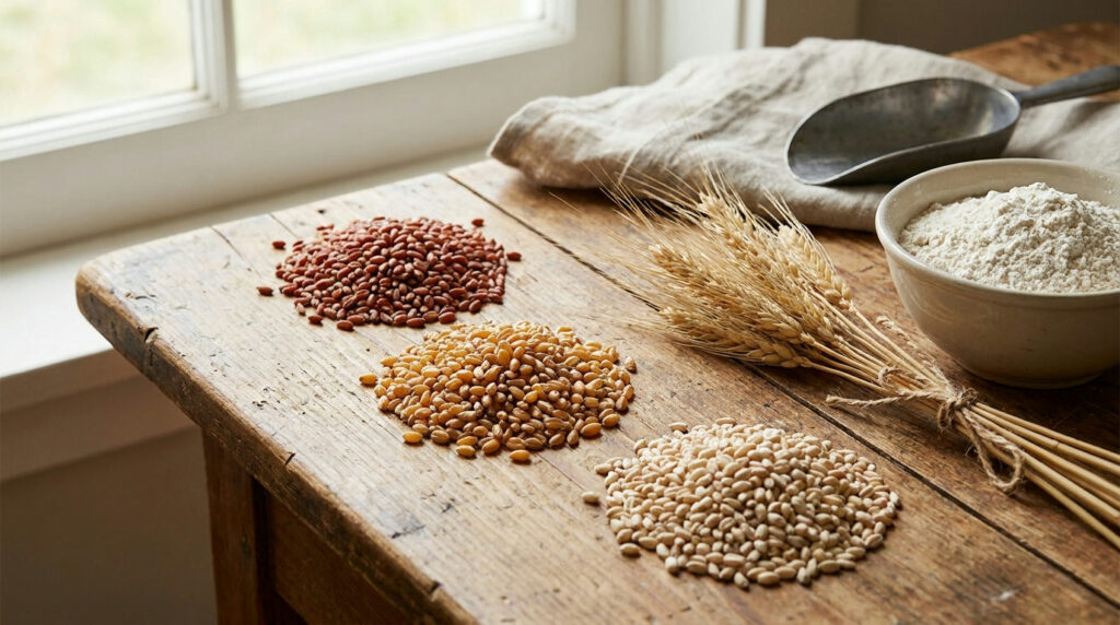 Wheat classes: piles of different wheat kernels with stalks and flour