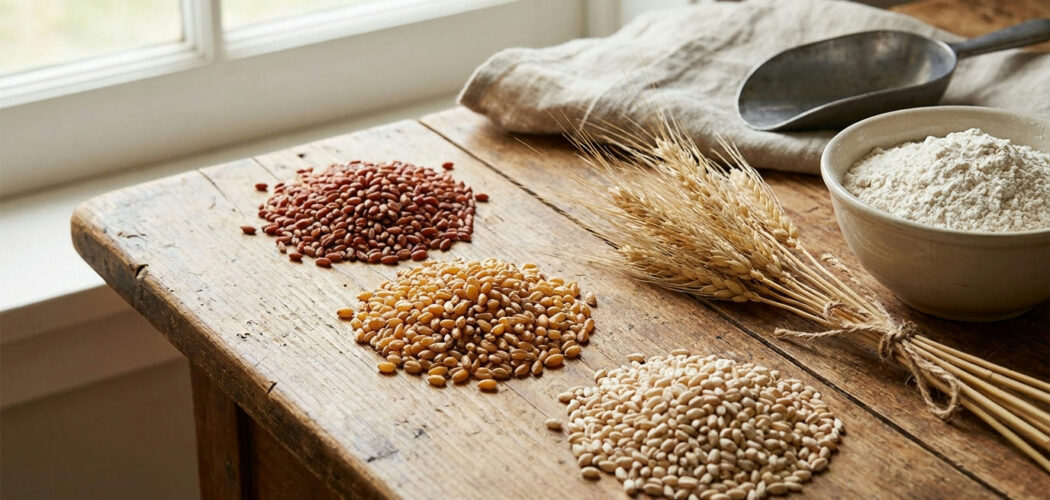 Wheat classes: piles of different wheat kernels with stalks and flour