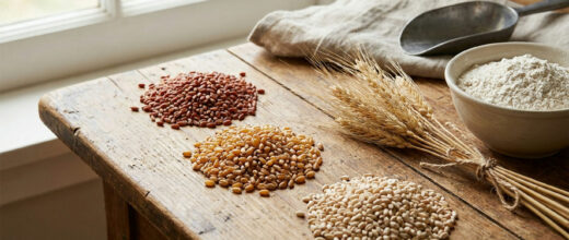Wheat classes: piles of different wheat kernels with stalks and flour