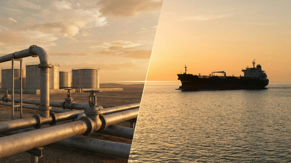 WTI vs Brent crude oil: U.S. pipeline storage tanks on one side and an oil tanker at sea on the other