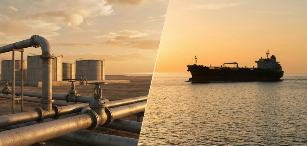WTI vs Brent crude oil: U.S. pipeline storage tanks on one side and an oil tanker at sea on the other